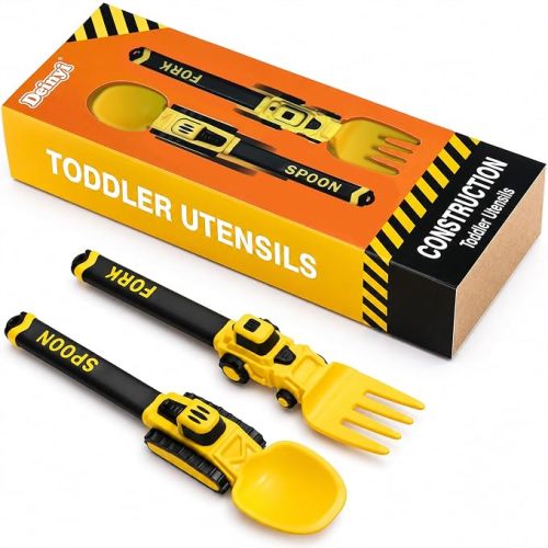 Construction Toddler Utensils, Reusable Plastic Toddler Fork and Spoon with Storage Case, Kids Utensils for 1 2 3 4 5 6 7 Year Old, Halloween Christmas Birthday Gifts, Yellow
