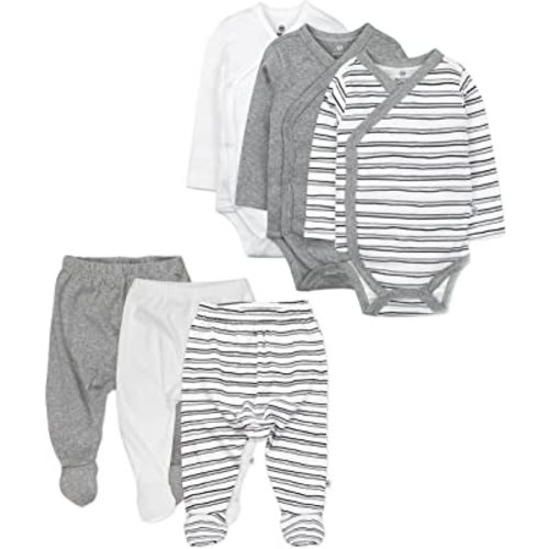 Honest Baby Clothing 6-Pack Organic Cotton Long Sleeve Side Snap Kimono Bodysuits & Footed Pants - Sketchy Stripe, 0-3 Months
