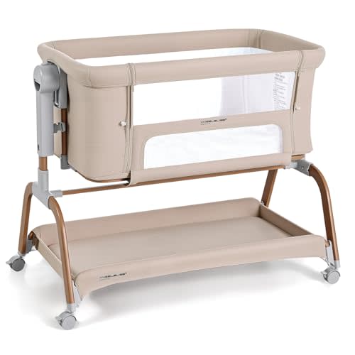 ANGELBLISS 3 in 1 Baby Bassinet, Rocking Bassinets Bedside Sleeper with Comfy Mattress and Wheels, 6 Height Adjustable Easy Folding Portable Bedside Crib for Newborn Infant (Khaki)