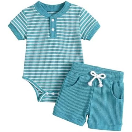Baby Boy Clothes Ribbed Short Sleeve Striped Romper Top Solid Shorts with Pocket Baby Boy Summer Outfits 0-18M