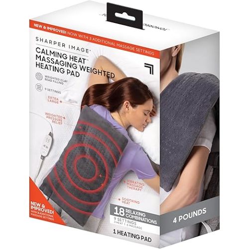 Calming Heat Massaging Weighted Heating Pad by Sharper Image- Weighted Electric Heating Pad with Massaging Vibrations, 9 Settings- 3 Heat, 6 Massage- 18 Relaxing Combinations, 12” x 24”, 4 lbs