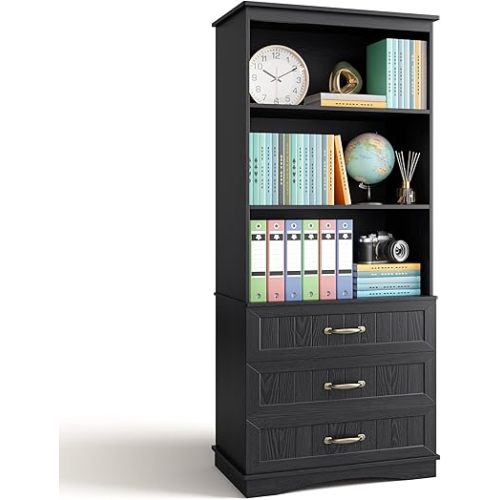Gizoon 70'' Tall Bookcase with 3 Drawers Wooden Bookshelf with Storage Cabinet Multifunctional Book Storage Organizer for Office Living Room and Bedroom，Black