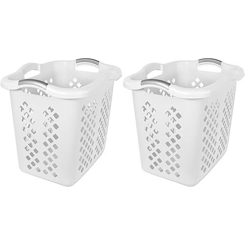 2-bushel capacity laundry baskets with silver handles, white, 2-pack
