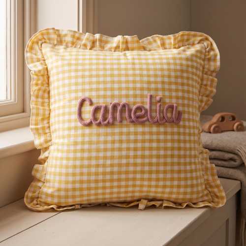 Custom Yellow Gingham Pillow Cover, Personalized Baby Name with Ruffle Edge, Newborn Keepsake & Baby Shower Gift