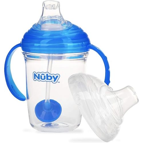 Nuby 360 Grip N' Sip 8oz Tritan Cup, Weighted Straw with Hygienic Cover, Blue