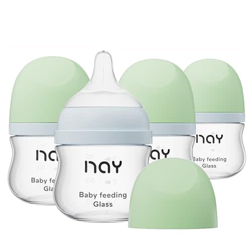 yanyoyo Natural Glass Baby Bottle Wide Neck, Newborn Anti-Colic Baby Bottle, Clear, 3oz(Pack of 4), Includes 4Pcs Slow Flow Nipple(SS), 0 Months+