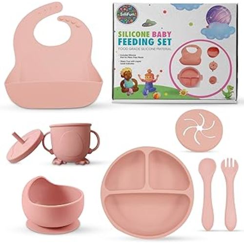 SiliFun 8-Piece Silicone Baby Feeding Set – Complete Infant Mealtime Kit with Suction Bowl, Divided Plate, Bib, Spoon, Fork & Cup – BPA-Free, Dishwasher Safe – Gift-Ready in Premium Branded Packaging