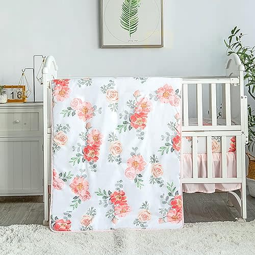 La Premura Baby Crib Bedding Set for Girls, Watercolor Floral 3 Piece Standard Size Crib Set for Baby Girl, Cunas para Bebes, Pastel Pink
