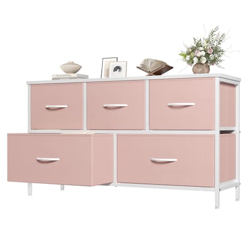 OLIXIS Pink Dresser for Girls Bedroom, Wide Dresser for Closet, 5 Drawers | Closet Organizers and Storage with Bins, Fabric Chest of Drawers for Clothes Storage, Wooden Top, Living Room