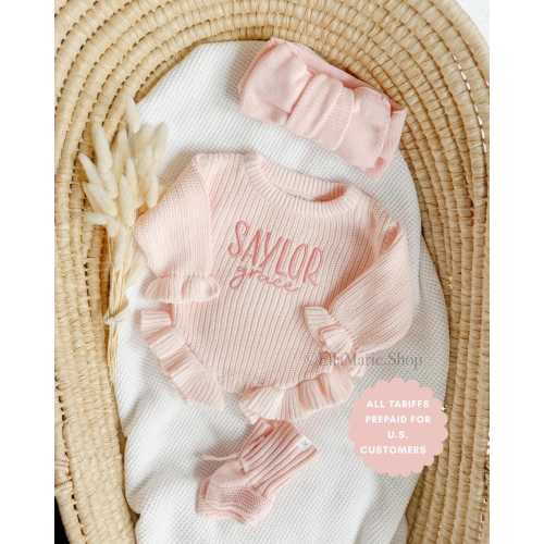 Embroidered name baby romper, newborn girl coming home knit ruffle outfit, custom chunky knit ribbed bodysuit, personalized baby shower gift