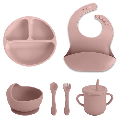 FlexiBaby 6 PCS Silicone Baby Feeding Set for Toddler First Eating - Led Weaning Supplies with Suction Divided Plate, Bowl, Cup, Bib, Spoon & Fork - Infant Self Feeding Dishes & Utensils (Light Pink)
