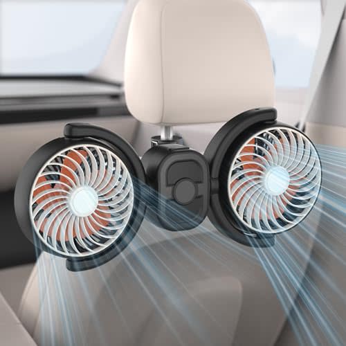 Hayousui 4000mAh Battery & USB Powered Backseat Car Fan for Kids,3 Speed | 5V/2A Rear Seat Car Fans,Dual-Head Independent Control,360 Rotatable Auto Headrest Fan for Driver/Passengers/Baby/Pets