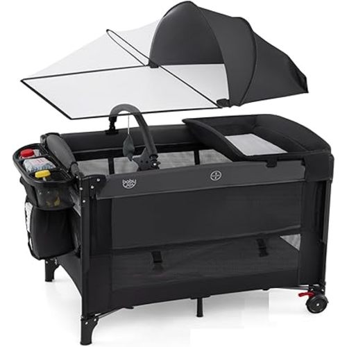 BABY JOY 5-in-1 Pack and Play with Canopy, 4 Adjustable Heights Baby Bedside Sleeper w/Bassinet, U-Shaped Diaper Changer, Safety Strap, Side Zipper, Portable Bedside Playard from Newborn to Toddlers