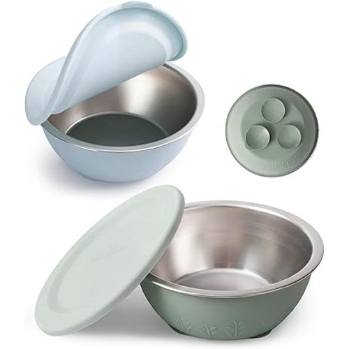 Moonkie Baby Bowls with Suction, Stainless Steel & Silicone Toddler Bowls with Lids, One Piece Non-Detachable Silicone Bowls for Babies 4 Months+, 13oz, BPA-Free, Lead-Free, Dishwasher Safe, 2 Pack