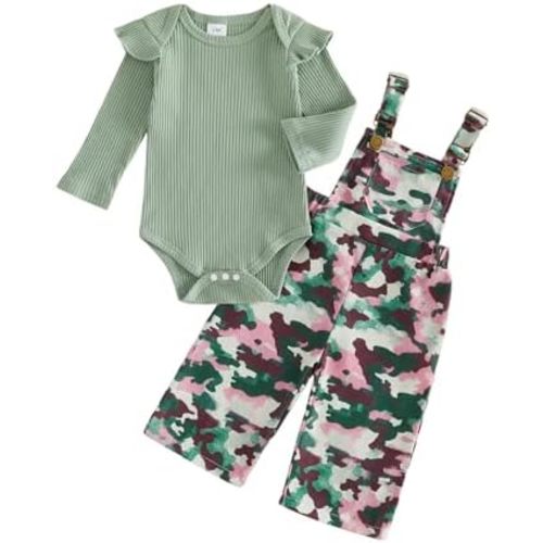 Newborn Baby Girl Fall Outfits Ribbed Long Sleeve Rompers Suspender Overalls Pants Sets Infant 2Pcs Clothes