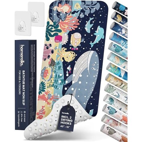 Bath Tub Mat Non Slip Anti Mold for Kids BPA Free INCL Hooks - homerella® Ocean Sea Animals 40x16, Baby Bath Mat Non Slip 200 Suction Cups, Non Toxic Machine Washable Toddler Bath Mat, EU Certified