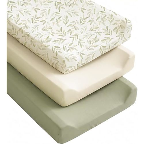 Konssy Silky Soft Changing Pad Cover 3 Pack, Ultra-Stretchy Diaper Changing Table Sheets, Breathable Snug Fit for Standard 32" x 16" Contoured Pads, Boho Neutral Sheets for Boys & Girls (Green Leaf)