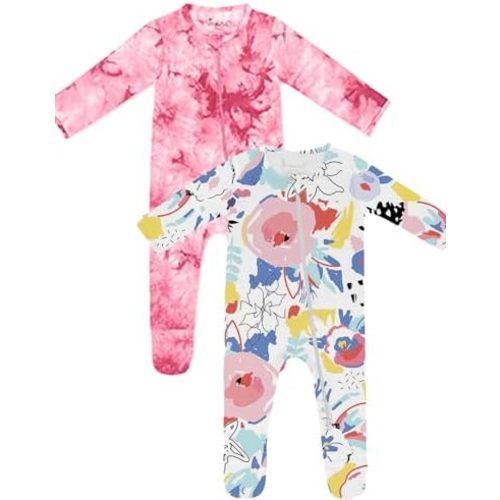 Jimonda Baby Girls Boys Footed Pajamas,Rayon From Bamboo,2 Way Zipper Long Sleeve Soft Sleeper Pjs,Infant Tie-dye Romper