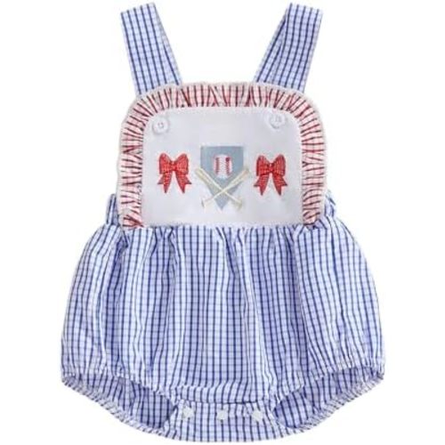 Newborn Baby Girl Baseball Outfit Embroidery Plaid Sleeveless Bubble Romper Ruffle Bodysuit Overalls Summer Clothes