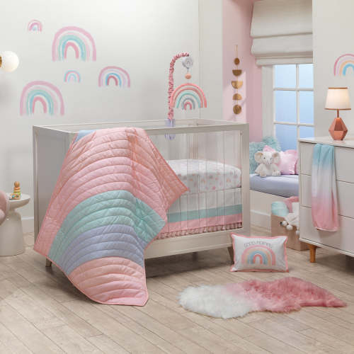 Watercolor Pastel Pink/Mint Rainbow 5-Piece Baby Crib Bedding Set – Lambs & Ivy