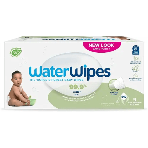 WaterWipes Plastic-Free Textured Clean, Toddler & Baby Wipes, 99.9% Water Based Wipes, Unscented & Hypoallergenic For Sensitive Skin, 540 Count (9 Packs), Packaging May Vary
