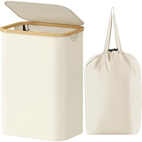 Lifewit 80L Laundry Basket with Lid, Clothes Hampers with Bamboo Handles and A Removable Laundry Bag, Large Foldable Hamper for Bedroom, Bathroom, Dorm, LaundryRoom, White