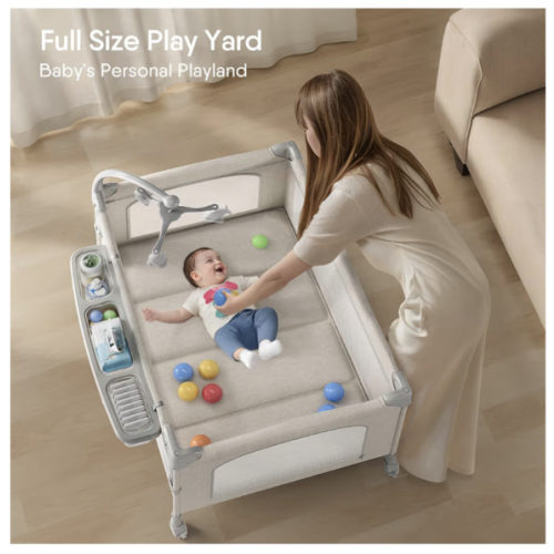 4 in 1 Baby Bassinet, Pack and Play, Bedside Crib Sleeper, Diaper Changer, Quickly Assembled and Folded Portable Crib with Mattress and Mosquito Net, Easy to Carry