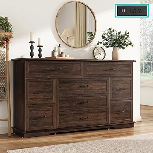 Farmhouse 9 Drawer Dresser for Bedroom,63” Wood Dresser & Chest of Drawers with Power Outlets,Large & Wide Dressers for Bedroom,Tall Storage Dresser Organizer(Rustic Brown)