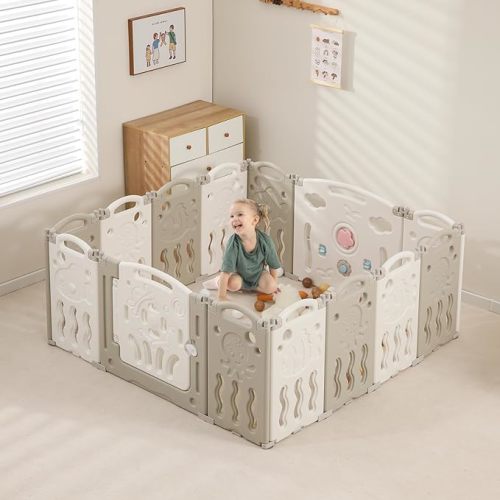 Baby Playpen, Foldable Playpen for Babies and Toddlers,14 Panels Baby Play Pen Large Baby Play Yard, Portable Baby Fence Play Area Baby Gate Playpen Safety Activity Center Adjustable Shape