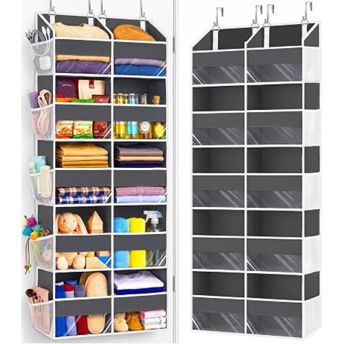 Heavy Duty Over The Door Organizer 5 Tiers, Extra Large Behind Door Storage of 10 Big Front & 10 Mesh Pockets, 80lb Weight Capacity, Hanging Doors Storage Organizer for Closet Bedroom Nursery, Grey