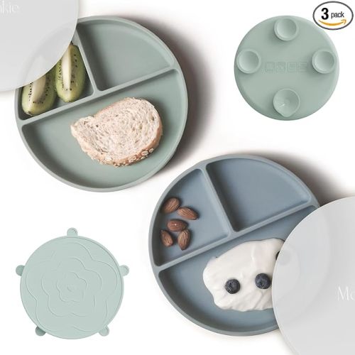 Moonkie Suction Plates for Baby | 100% Silicone BPA-Free Baby Plates with Lids and Food Cover | Divided Design | Microwave and Dishwasher Safe | Toddler Plates 2 Pack