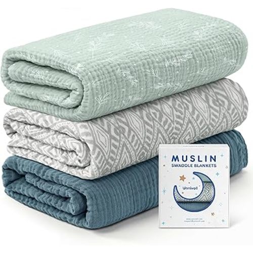 Unnivoll Muslin Swaddle Blankets for Newborns, 100% Cotton Receiving Blankets, Large 38 x 40 inches Baby Swaddle Blanket for Baby Boys and Girls, Soft Breathable Infant Baby Essentials 3 Pack Brown
