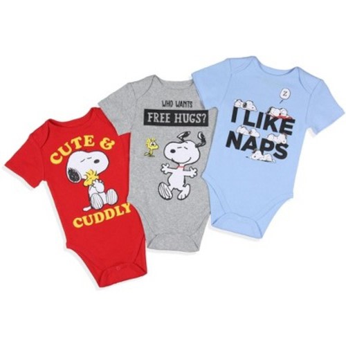 Peanuts 3 Pack Bodysuit for Infant Boy Snoopy and Woodstock Short Sleeve Baby Sleeper