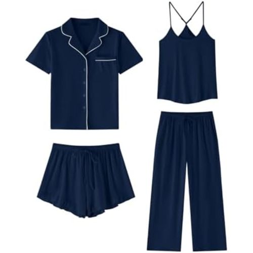 SAPJON Women Soft Pajama Sets 4 Piece, Cute Pjs, Ruffle Shorts, Cami Top