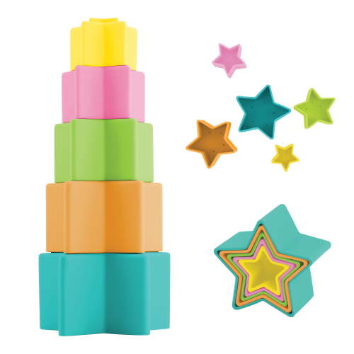 Infantino New Stacking Star Rings Silicone Baby Teethers, for Ages 6-12 Months, Multicolor, 5-Pack