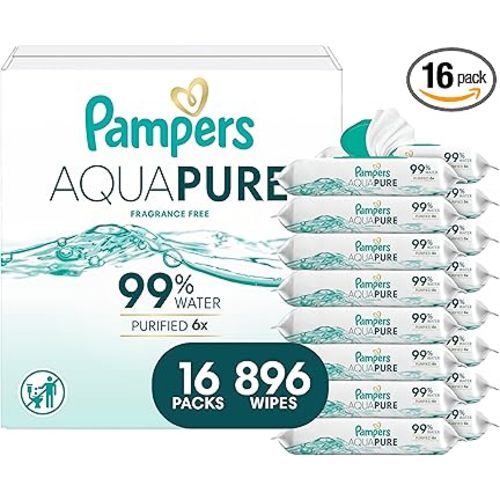 Pampers Aqua Pure Baby Wipes, 99% Water, Fragrance Free, 896 Baby Wipes Total (16X Flip-Top Packs) [Packaging May Vary]
