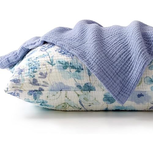 TILLYOU Muslin Toddler Pillowcase 2 Pack, 13x18 Soft Travel Cotton Pillow Case Kids for Boys and Girls, Blue Flower