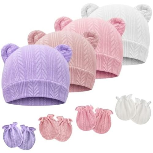 Newborn Baby Hat and Mittens Set Bear Ears Toddler Infant Beanie Caps Newborn Hospital Hat for Baby Boy Girl 0-3 Months