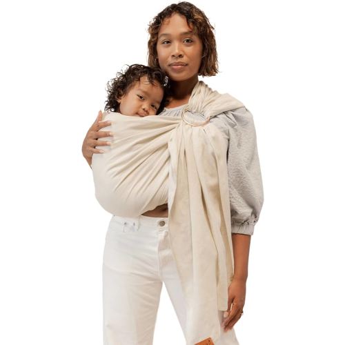 WildBird - Ring Sling Baby Carrier - Newborn to Up to 35 lbs - for Moms, Dads & Caregivers - 100% Natural European Linen Fibers - Versatile & Adjustable - 90” Size - Sparrow Fabric & Rose Gold Ring