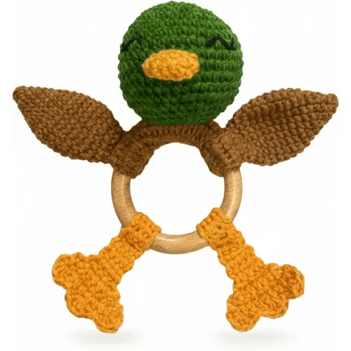 Mallard Duck Wooden Baby Rattle for Boys and Girls, Crochet Stuffed Animal for Newborn, 3 4 5 6 Month Toys