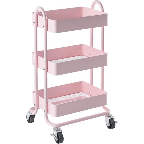 Elitehouse Metal Rolling Cart,3-Tier Pink Rolling Cart with Wheels,Metal Utility Cart with Wheels for Office,Home,Kitchen,Garden（13.4"x18.1"x31"） Pink