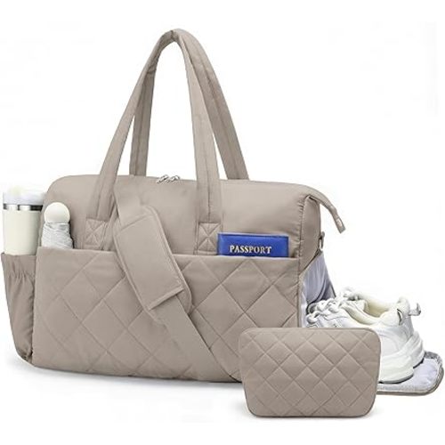 Gym Bag for Women with Shoe Compartment, 2-PC Lightweight Puffer Weekender Duffle with Wet Pocket, Quilted Carry on Travel Bag for Overnight Dance Hospital, Water Resistant, Camel