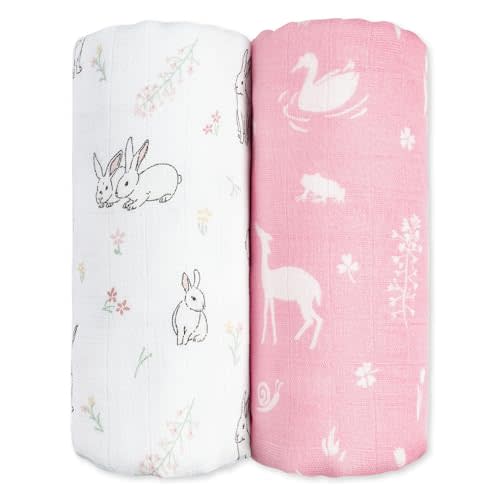 GLLQUEN BABY Muslin Swaddle Blankets 2Pk Receiving Blanket Large 35" x 40" | Soft Cotton Baby Blankets for Girls Boys Breathable Nursery Swaddles for Newborns, Baby Essentials Shower Gift, Pink Rabbit