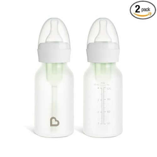 Munchkin Bond Glass Baby Bottles, Anti Colic Baby Bottles for Newborns, 4 oz Silicone Coated BPA Free Slow Flow Bottles for Breastfed Babies, Infant Feeding Bottle Set, 2 Pack, White