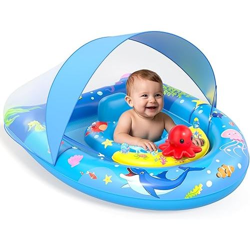 Sunrad Baby Pool Float with Canopy UPF50+ Sun Protection, Inflatable Baby Swim Float with Toy Play Console & Adjustable Safety Seat, Toddler Infant Pool Floaties for 6-36 Months
