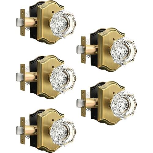 Gobrico Interior Door Locksets in Antique Brass,Octagonal Crystal Doorknobs for Bed/Bath,Privacy Function Door Handles,Push Pin Inside Lock,5 Pack