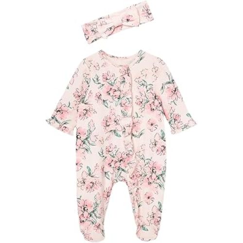 Little Me Clothes for Baby Girls 100% Cotton 2Pc Zipper Closure Footie and Headband Set, Baby Essentials