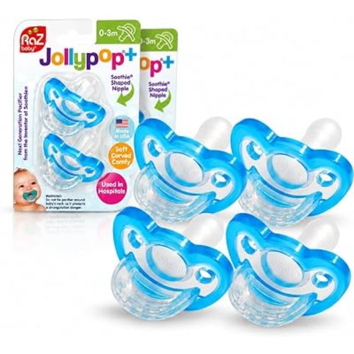 RaZbaby Jollypop Pacifier for Newborns & Up, USA Made, Natural Shaped Orthodontic Binky, Lovingly Shared in NICUs & Hospitals Worldwide, Medical-Grade 100% BPA-Free - 0-3 Months, 4 Pack - Blue