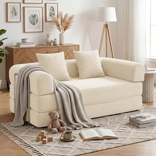 59'' Convertible Compressed Corduroy Folding Cloud Sofa Bed, Modern Boneless Pull Out Loveseat Sleeper in a Box, 4 in 1 Floor Mattress Futon Cloud Couch, No Assembly Needed, Beige, 2 Pillows, Queen