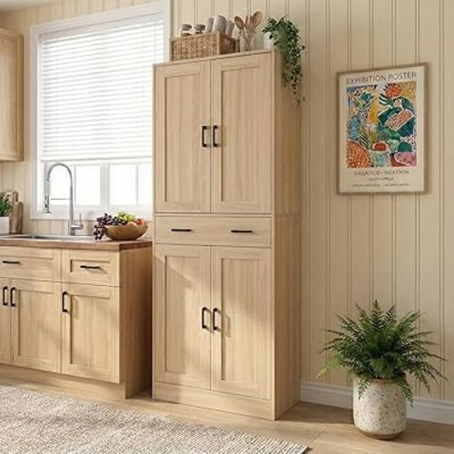 DIYART 71" Tall Kitchen Pantry Cabinet, Freestanding Food Storage Cupboard with Drawer and 4 Doors, Large Oak Utility Floor Cabinet with Adjustable Shelves for Dining Room, Breakroom, Home Office